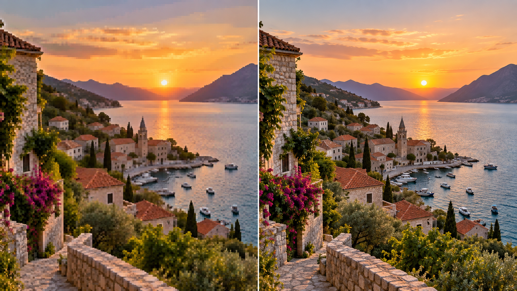 Illustrative split comparison of the same coastal photograph: visibly compressed and blocky on the left, sharp and detailed on the right